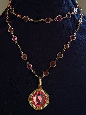 Vintage SALO Swarovski Crystal Necklace Pink Purple Gold Tone Pendant 34"